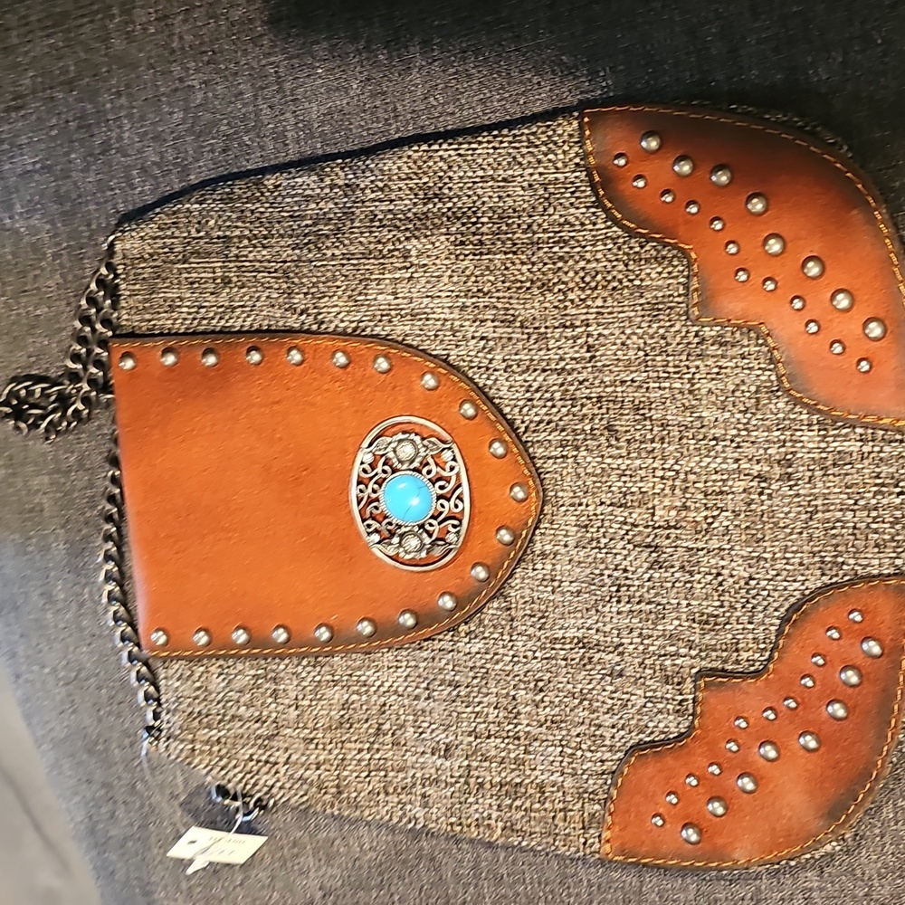 Western Dark Brown Cowgirl Unique Tweed Turquoise Crossbody Canvas Tooled Han…